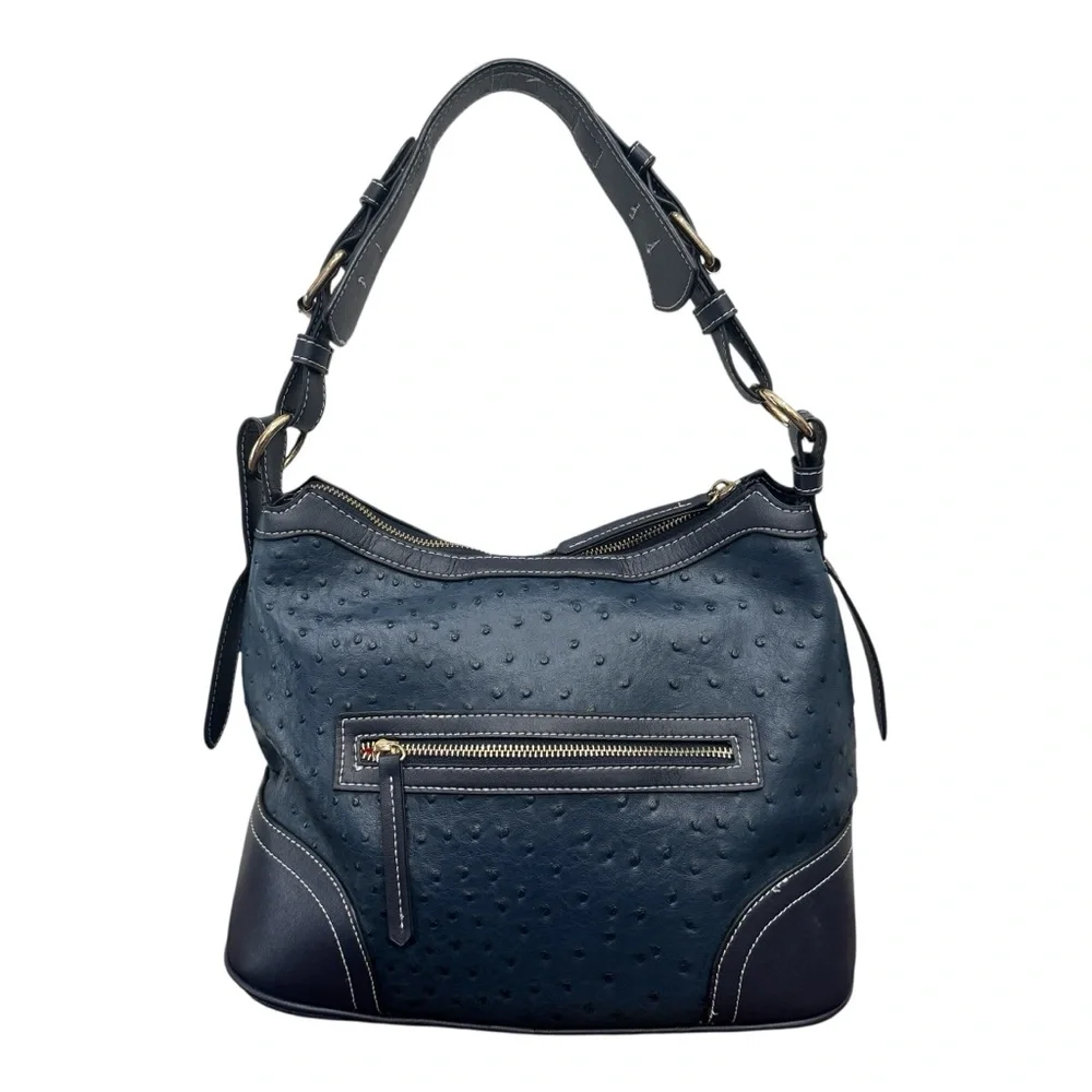 Dooney & Bourke Ostrich Embossed Leather Shoulder Bag Navy Blue Medium Purse - Picture 3 of 11
